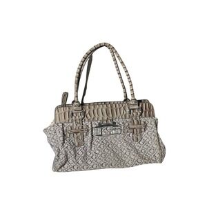 GUESS Monogram Logo  Shoulder Bag Grey Taupe Croc Trim Crystal BuckleVintage